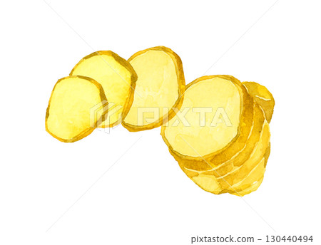 切(片)薑-蔬菜和調味品的手繪水彩插圖 切(片)薑-蔬菜和調味品的手繪水彩插圖 130440494