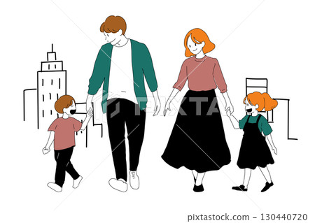 Hand-drawn vector illustration of a family of four walking in the city 130440720