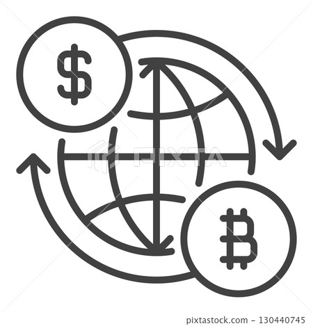Earth Globe with Bitcoin and Dollar signs vector BTC crypto Accumulation linear icon or symbol Earth Globe with Bitcoin and Dollar signs vector BTC crypto Accumulation linear icon or symbol 130440745