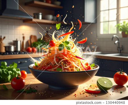 AI generated image of thai spicy papaya salad ingredients exploding in a modern kitchen with low light 130440948