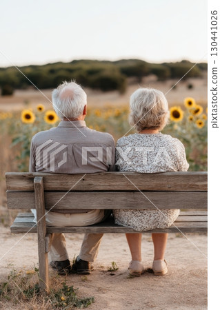An elderly couple sits on a bench in front of a sunflower field, enjoying the peaceful nature view together. Their backs are turned to the camera in a calm rural setting 130441026