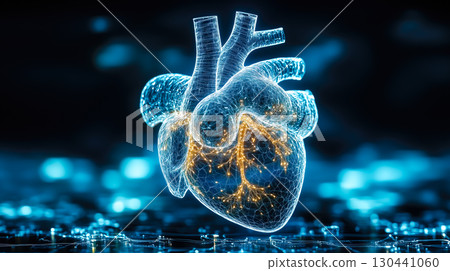A doctor holds a glowing heart holographic in their hands. The concept of advanced medical technology, cardiology innovation, and digital healthcare solutions. Generative AI. 130441060