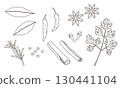 Line drawing illustrations of various spices and herbs 130441104