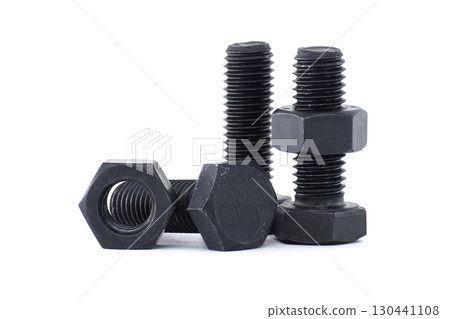 Close-Up of Black Metal Nuts and Bolts Isolated on White Background Close-Up of Black Metal Nuts and Bolts Isolated on White Background 130441108
