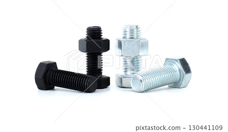 Assorted Metallic Bolts and Nuts in Black and Silver On White Assorted Metallic Bolts and Nuts in Black and Silver On White 130441109