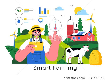 Smart Farming Technology Vector Illustration featuring a Farmer Managing His Industrial Farm Using a Tablet to Control Farming in a Flat Background Smart Farming Technology Vector Illustration featuring a Farmer Managing His Industrial Farm Using a Tablet to Control Farming in a Flat Background 130441196