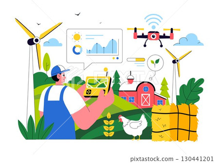 Smart Farming Technology Vector Illustration featuring a Farmer Managing His Industrial Farm Using a Tablet to Control Farming in a Flat Background Smart Farming Technology Vector Illustration featuring a Farmer Managing His Industrial Farm Using a Tablet to Control Farming in a Flat Background 130441201