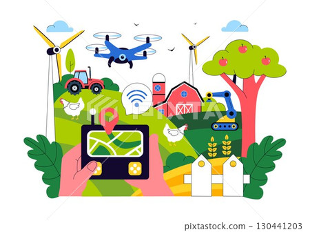 Smart Farming Technology Vector Illustration featuring a Farmer Managing His Industrial Farm Using a Tablet to Control Farming in a Flat Background 130441203