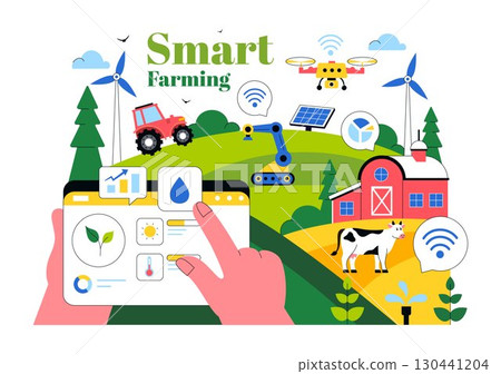 Smart Farming Technology Vector Illustration featuring a Farmer Managing His Industrial Farm Using a Tablet to Control Farming in a Flat Background 130441204