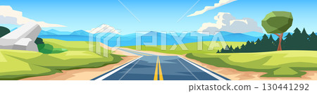 Horizontal view of straight path to the destination asphalt road with nature two side. Straight path alternating on open hills. Background of mountain and clouds under blue sky. For banner background. 130441292