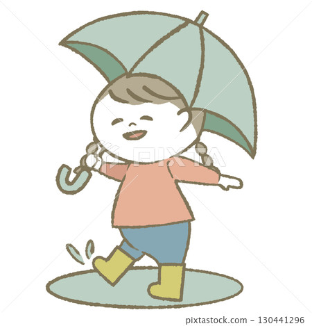 Child girl wearing rain boots holding an umbrella 130441296