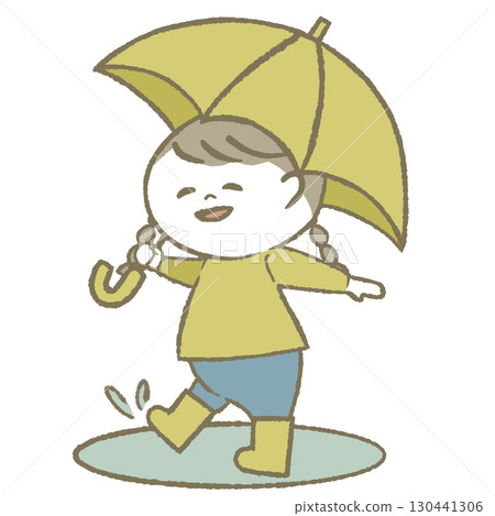 Child girl wearing rain boots holding an umbrella 130441306