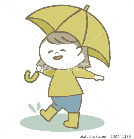 Child girl wearing rain boots holding an umbrella 130441326