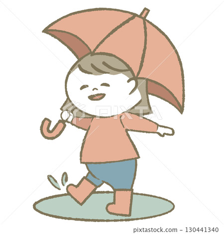 Child girl wearing rain boots holding an umbrella 130441340