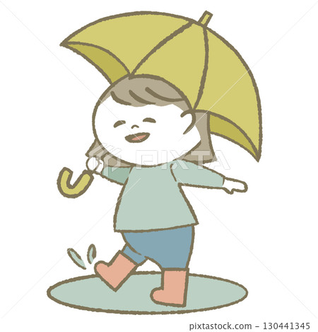 Child girl wearing rain boots holding an umbrella 130441345