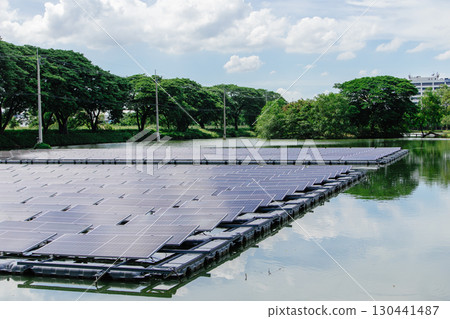 Floating Solar Panel. Solar photovoltaic panel PV System in Industry lake water pond Floating Solar Panel. Solar photovoltaic panel PV System in Industry lake water pond 130441487