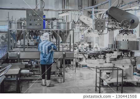 Quiet factory, few plant worker cleaning production line convey belt prepare to close food factory Quiet factory, few plant worker cleaning production line convey belt prepare to close food factory 130441508