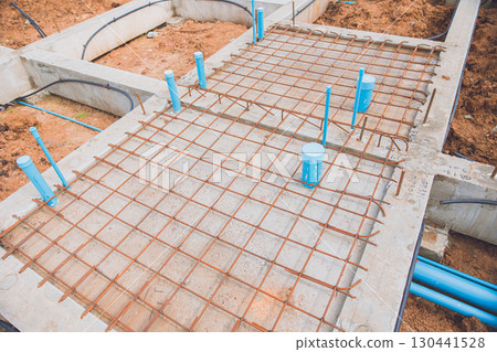 Footing foundation construction site, Shallow Foundation ground floor concrete beams structure Footing foundation construction site, Shallow Foundation ground floor concrete beams structure 130441528