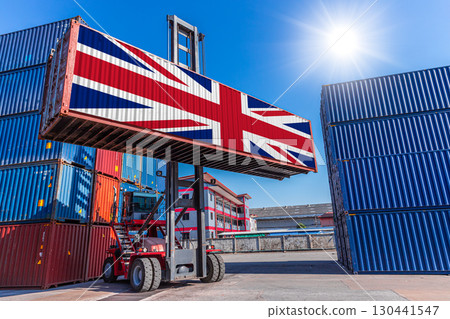Products shipping cargo goods with United Kingdom flag for import export business from UK country Products shipping cargo goods with United Kingdom flag for import export business from UK country 130441547