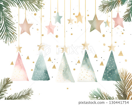 Pastel trees and stars in a festive watercolor Christmas card illustration Pastel trees and stars in a festive watercolor Christmas card illustration 130441754