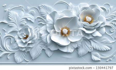 Rococo floral relief in white and gold showcasing intricate detailing and elegance Rococo floral relief in white and gold showcasing intricate detailing and elegance 130441797