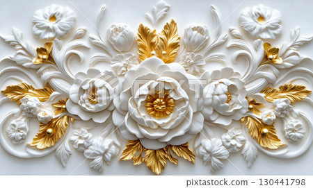 Elegant Rococo white and gold floral relief design showcasing intricate artistry and craftsmanship 130441798