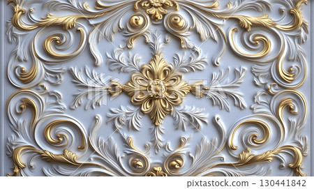 Decorative Rococo floral relief in gold and white capturing Baroque elegance and artistry 130441842