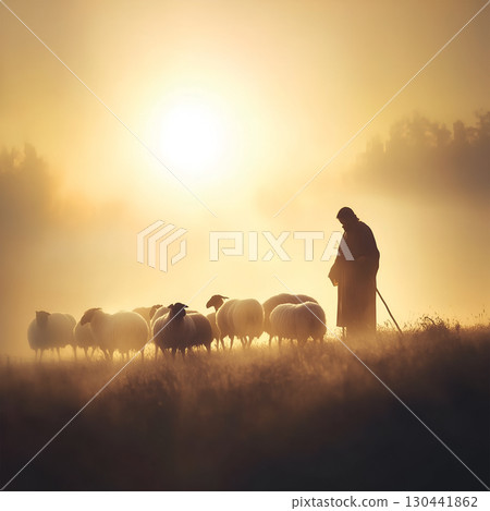 Shepherd guiding sheep at dawn while offering prayers in a serene landscape 130441862