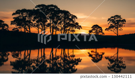 Tranquil nature landscape with tree silhouette reflection in peaceful lake at sunset, calm water mirroring forest on orange sky for travel or meditation background 130442111