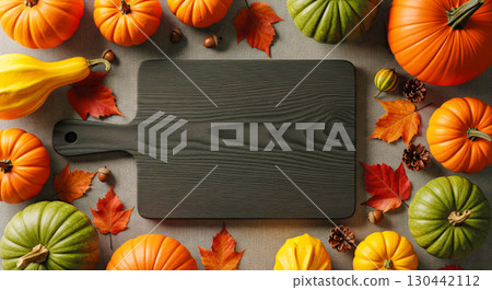 Autumn food background with pumpkins and leaves framing empty cutting board, fall harvest mockup with copy space for thanksgiving recipe or halloween text 130442112