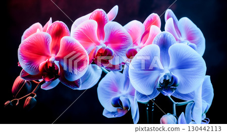 Abstract futuristic background with glowing neon orchid flowers on black, vibrant pink and blue phalaenopsis blossom for modern technology or virtual reality concept 130442113