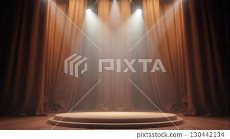 Spotlight on stage with brown curtains, wooden floor, glowing light, theatrical setting, performance venue, empty stage, dramatic atmosphere, stage lighting scene Spotlight on stage with brown curtains, wooden floor, glowing light, theatrical setting, performance venue, empty stage, dramatic atmosphere, stage lighting scene 130442134