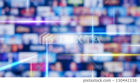 High speed internet streaming concept, abstract background of blurred video library with glowing light streaks, fast data transfer for online entertainment service. 130442138