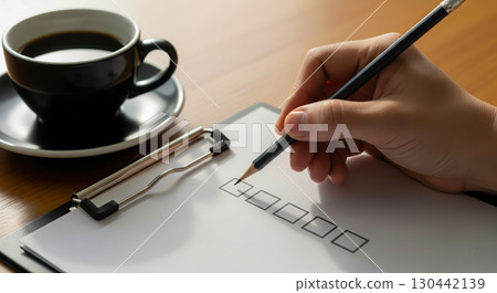 Hand ticking checkbox on checklist with pencil, business survey and planning concept, person filling out form on clipboard with coffee on desk. 130442139