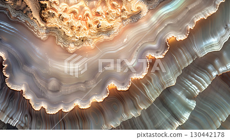 Geode formation showcasing intricate layers of agate and quartz against a soft pearl background 130442178