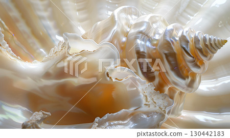 Close-up of a stunning seashell on a pearl backdrop, showcasing its unique textures and colors 130442183