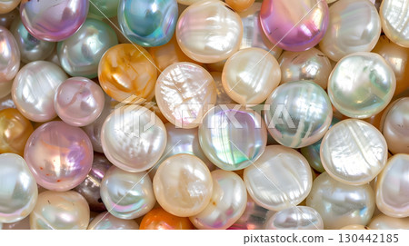 Colorful pearl assortment displayed on a textured background for jewelry crafting and inspiration 130442185