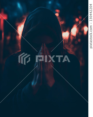 Person praying in a dimly lit environment surrounded by warm candlelight during evening hours Person praying in a dimly lit environment surrounded by warm candlelight during evening hours 130442204