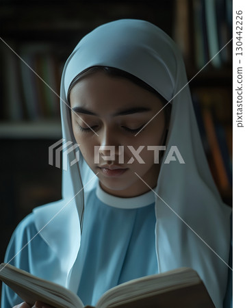 A nun deep in prayer while reading a sacred text in a quiet library during evening hours 130442226