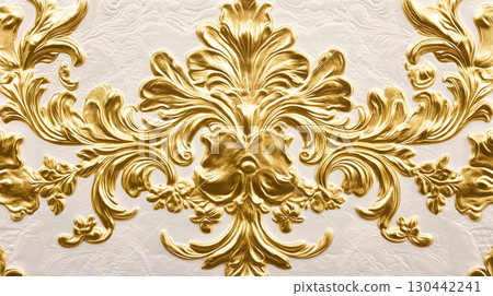 Decorative Rococo white and gold floral relief design for elegant interior settings 130442241