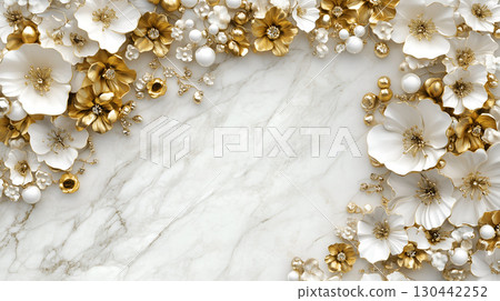Elegant Rococo white and gold floral relief design on a marble background ideal for decor Elegant Rococo white and gold floral relief design on a marble background ideal for decor 130442252