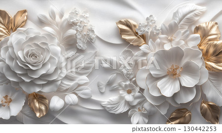 Intricate Rococo white and gold floral relief decoration with vivid detailing 130442253