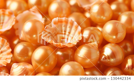 Beautiful collection of shiny orange pearls among delicate seashells on a soft pearl background 130442334