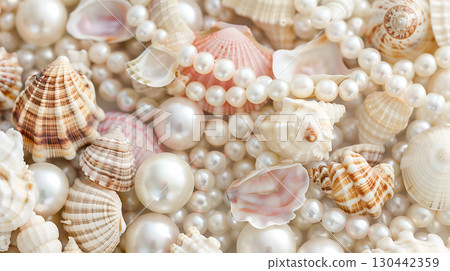 A collection of seashells and pearls arranged against a soft pearl background for decoration 130442359