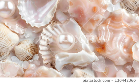 Close-up view of various seashells on a pearl background showcasing intricate details and colors 130442360