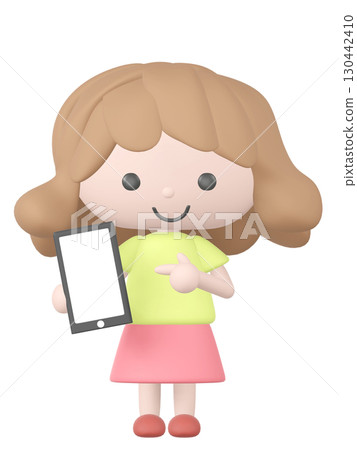 3D illustration of a girl pointing at a smartphone 3D illustration of a girl pointing at a smartphone 130442410
