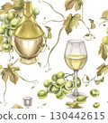 Wine and grapes watercolor seamless pattern with glass and bottle of wine, green grapes cluster and leaves illustration. Hand drawn gourmet beverage clipart, organic vine painting for textile 130442615