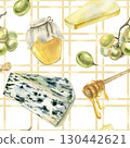 Cheese plate gourmet appetize watercolor seamless pattern with blue cheese,green grapes and honey on geometric background Hand drawn tasty healthy food clipart for kitchen textile,wallpaper, wrapping 130442621