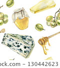 Gourmet watercolor seamless pattern with blue cheese, green grapes and honey illustration. Hand drawn tasty food background, cheese plate ingredients clipart for product packing,menu design 130442623