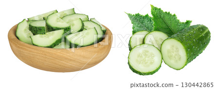 Sliced cucumber in wooden bowl isolated on white background with full depth of field Sliced cucumber in wooden bowl isolated on white background with full depth of field 130442865